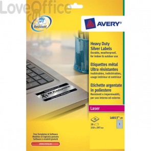 Etichette poliestere Laser Avery - argento -210x297 mm (20 etichette)