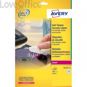 Etichette anti-manomissione per stampanti laser Avery - Ø 40 mm - 24 et./foglio - L6112-20 (conf.20 fogli)