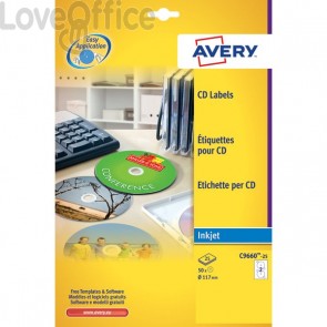 Etichette Full-Face CD Avery per stampanti Inkjet - bianco pat.lucido - 2 et/ff - C9660-25 (conf.50 etichette)