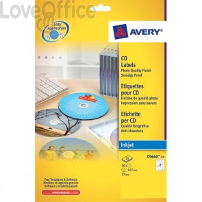 Etichette Full-Face CD Avery per Laser - bianco effetto glossy - 2 et/ff - L7760-25 (conf.50 etichette)