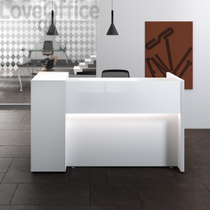 Banco Reception Lineare Avant LineKit con modulo contenitore Bianco e top/banner in cristallo smaltato - 164,5x80 cm