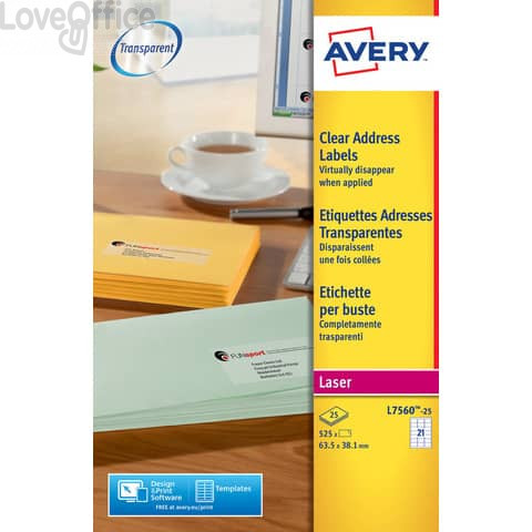 Etichette Trasparenti QuickPEEL™ Avery - Laser - 63,5x38,1 mm - 21 et/ff - L7560-25 (conf.25 fogli)