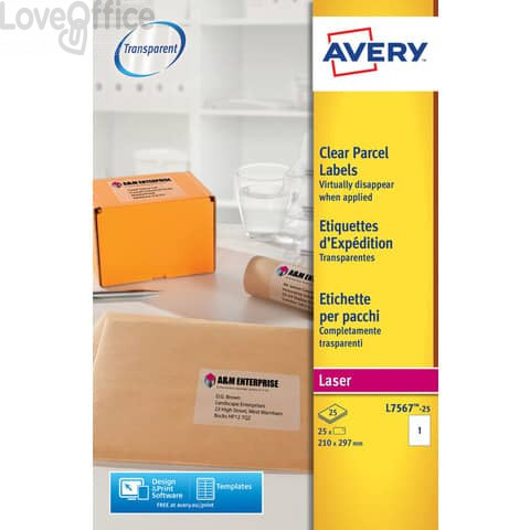 Etichette Trasparenti QuickPEEL™ Avery - Laser - 210x297 mm - 1 et/ff - L7567-25 (conf.25 fogli)