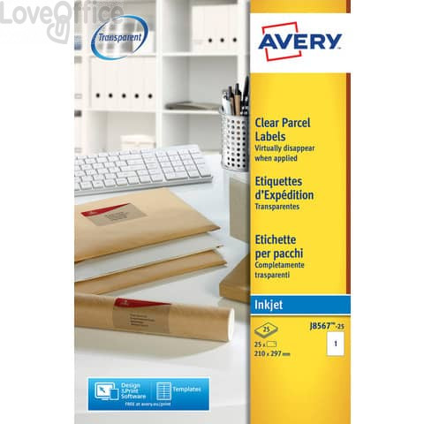 Etichette Trasparenti QuickPEEL™ Avery - Ink-jet - 210x297 mm - 1 et/ff - J8567-25 (conf.25 fogli)