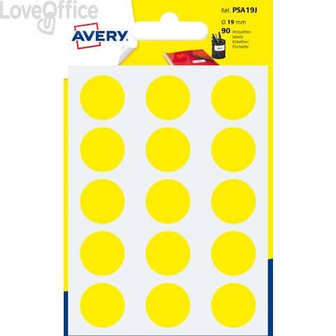 Etichette rotonde in bustina Avery - Gialle - ø19 mm - scrivibili a mano - 6 fogli (90 etichette)