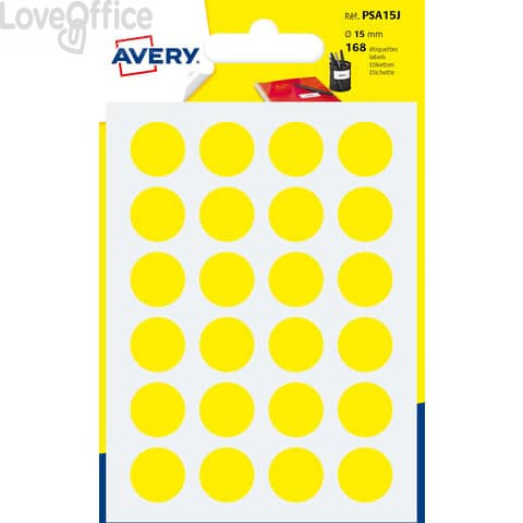 Etichette rotonde in bustina Avery - Giallo - ø15 mm - scrivibili a mano - 7 fogli (168 etichette)
