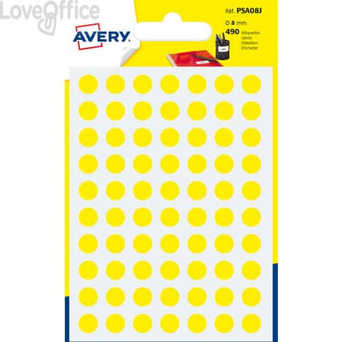 Etichette rotonde in bustina Avery - Giallo - ø8 mm - scrivibili a mano - 7 fogli (490 etichette)
