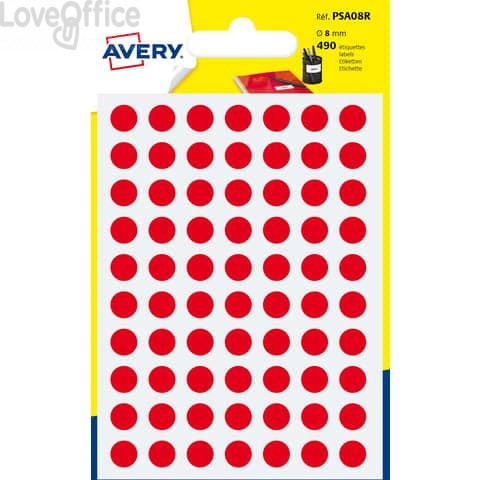 Etichette rotonde in bustina Avery - Rosso - ø8 mm - scrivibili a mano - 7 fogli (490 etichette)