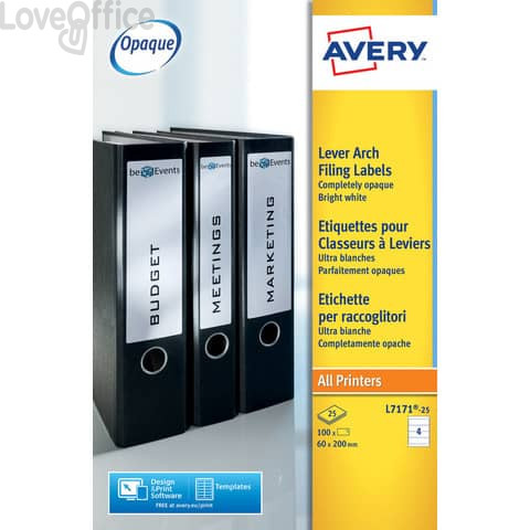 Etichette Bianche per raccoglitori Avery - Laser - 200x60 mm - 4 etichette per foglio (conf.25 fogli)
