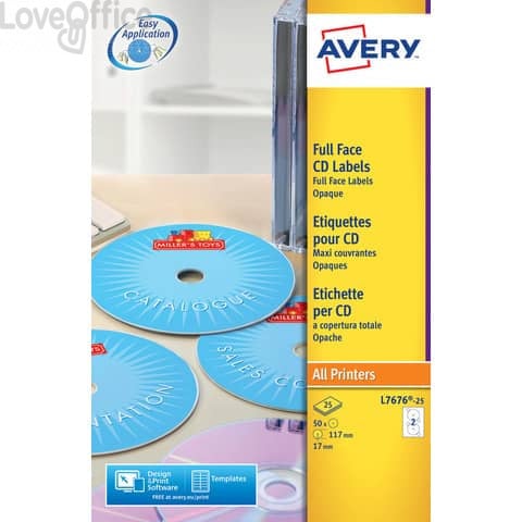 Etichette Full-Face CD Avery per stampanti Laser - Bianco finitura coprente ø117 mm - 2 et/ff - 25 fogli - L7676-25 (conf.50 etichette)
