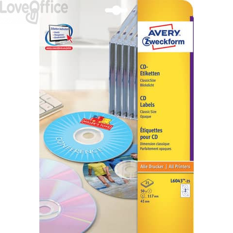 Etichette Classiche CD Avery per stampanti Laser ed Ink-jet - Bianco - ø117 mm - 2 et/ff - 25 fogli - L6043-25 (conf.50 etichette)