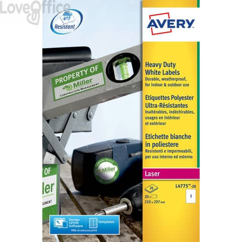 Etichette poliestere Bianche per stampanti laser Avery - 210x297 mm - 20 fogli (20 etichette)