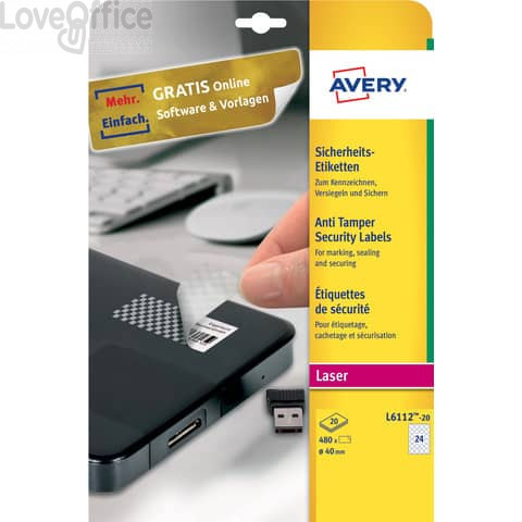 Etichette anti-manomissione Bianche per stampanti laser Avery - ø40 mm - 24 et./foglio - 20 fogli - L6112-20 (480 etichette)