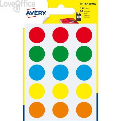 Etichette rotonde in bustina Avery - colori assortiti - ø19 mm - scrivibili a mano - 6 fogli (90 etichette)