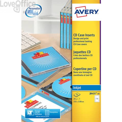 Copertine per custodie CD Avery per stampanti Ink-jet - Bianco - 1 et/ff - J8435-25 (conf.25)