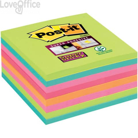 Foglietti Post-it® Super Sticky Notes a righe - Arcobaleno - 76x76 mm (conf.8 blocchetti da 45 fogli Verde acido, Acqua, Rosa tropicale, Rosa guava, Arancio acceso)