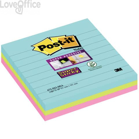 Foglietti Post-it® Super Sticky Notes a righe - Formato XL - Miami - 101x101 mm (conf.3 da 70 fogli Acqua, Verde, Rosa)