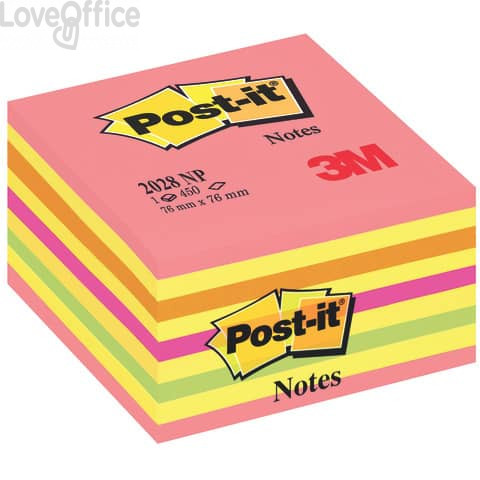 Foglietti riposizionabili Post-it® Cubo Neon - 76x76 mm - Rosa neon, Giallo neon, Arancio neon, Rosa ultra, Verde neon - 2028-NP