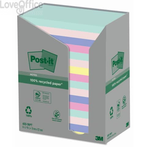 Foglietti Post-it® Notes in carta riciclata Assortito - 76x127 mm - 655-1RPT (conf. 16 blocchetti da 100 ff)