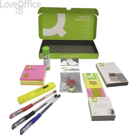 Kit dimostrativo da scrivania Q-Connect - penne gel, calcolatrice, colla, nastro adesivo, post-it, evidenziatore, correttore e segnapagina