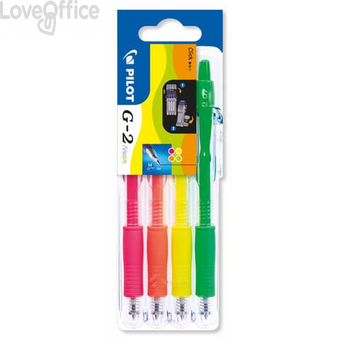 Penne gel a scatto Pilot G-2 Neon - punta media 0,7 mm - 4 colori: Giallo, rosa, Arancione e Verde (Set 4 pezzi)
