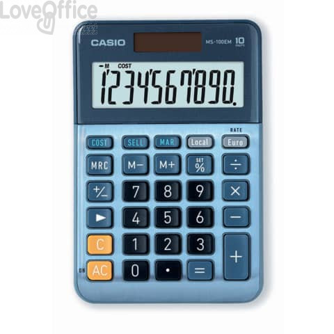 Calcolatrice da tavolo Casio MS-100EM-W-EP - Blu - solare e batteria display 10 cifre