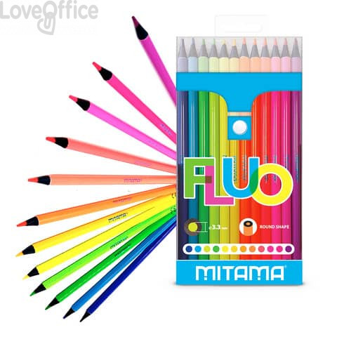 Pastelli Fluo Mitama fusto tondo - mina 3,3 mm - colori assortiti - pack ecologico - conf.12 pezzi Mitama