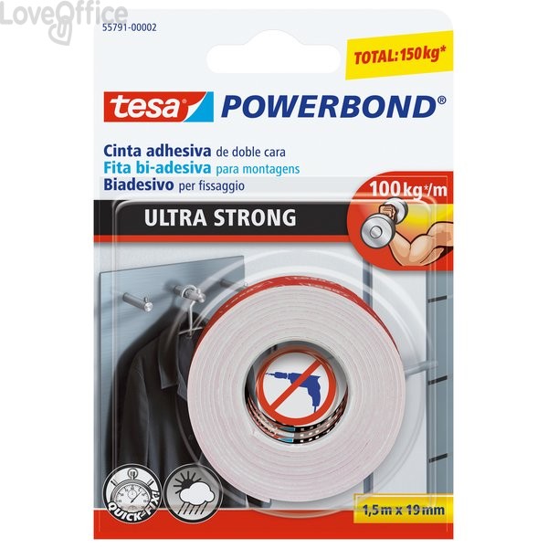 Tesa nastro biadesivo Ultrastrong Powerbond - 19 mm x 1,5 m - Bianco - 55791-00002-01