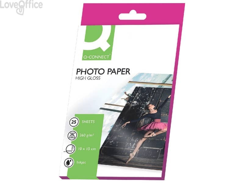 Carta fotografica Inkjet Q-Connect 10x15cm bianco 260 g/m² lucida - KF01906 (conf. da 25 fogli)