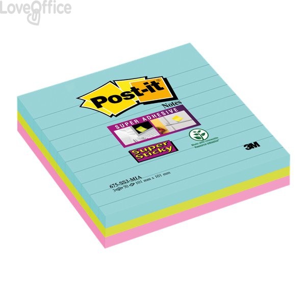 Foglietti Post-it® Super Sticky Formato - XL - 101x101 mm - acqua , Verde, Rosa - 675-SS3-MIA (conf.3)