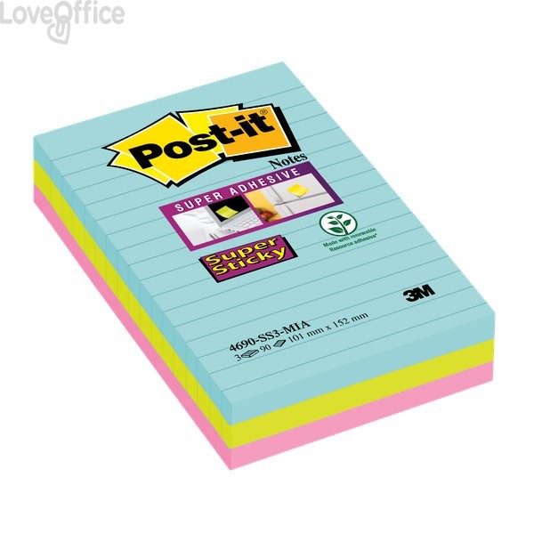 Foglietti Post-it® Super Sticky Formato - XXL - a righe - 101x152 mm - 4690-SS3-MIA (conf.3 acqua, Verde, Rosa)