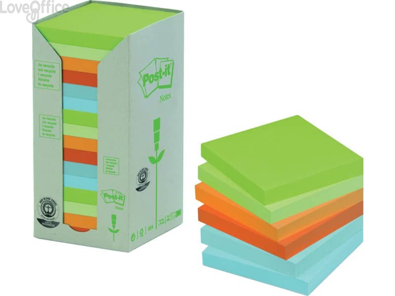 Foglietti Post-it® Notes in carta riciclata Assortito pastello - 76x76 mm - 654-1RPT (conf. 16 blocchetti da 100 ff)