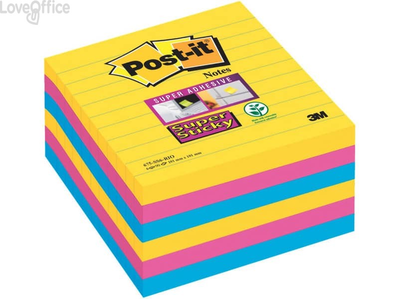 Foglietti Post-it® Super Sticky Notes Rio de Janeiro a righe Assortito - 100x100 mm (conf.6 blocchetti da 90 ff)