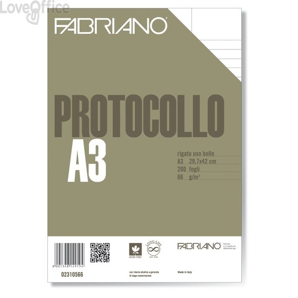 399 Fogli protocollo a righe Fabriano - rigato a 31 con 2 margini - 60 g/m²  - A4 chiuso - A3 aperto (conf.200 fogli) 5.86 - Cancelleria e Penne -  LoveOffice®