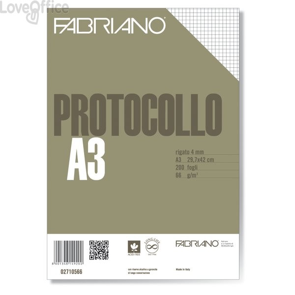 Fogli protocollo a quadretti Fabriano - 4 mm senza margini - 66 g/m² - A4 chiuso - A3 aperto (conf.200)