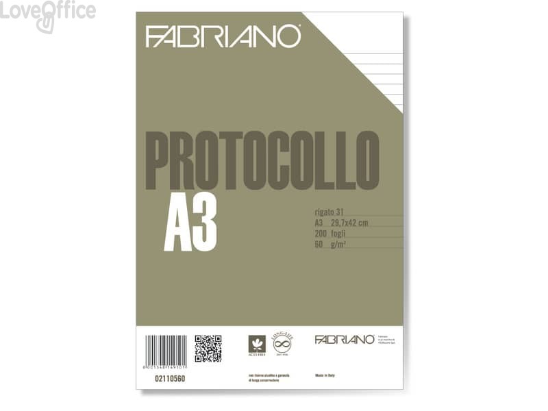 Fogli protocollo a righe Fabriano - rigato a 31 - 60 g/m² - A4 chiuso - A3 aperto (conf.200 fogli)