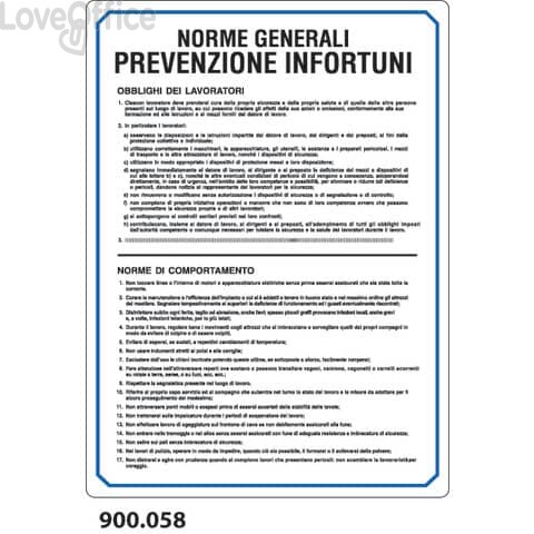 Cartello informativo "Norme generali prevenzione infortuni" 33x47 cm - 900.058