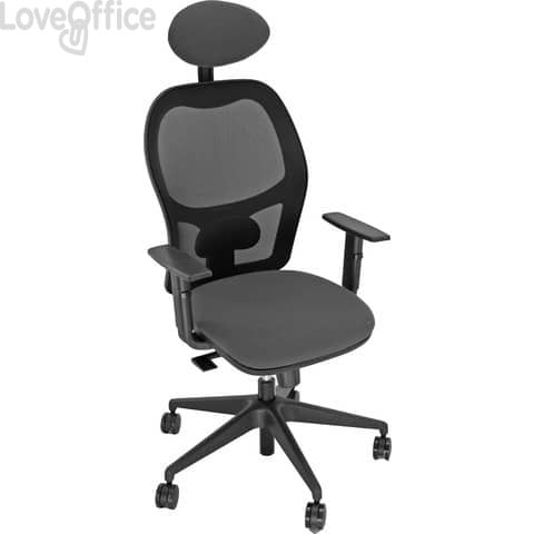 Sedia per ufficio in similpelle grigia con braccioli - HUBBLE GRAFIX UNISIT - con poggiatesta e schienale in rete - HUHUPG/BR/KG