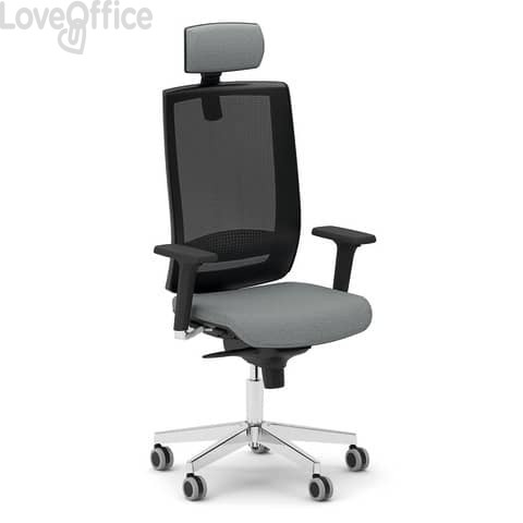 Sedia ergonomica da ufficio in pelle Grigia Unisit Kind con poggiatesta - schienale rete Nero - KIPGN/PT