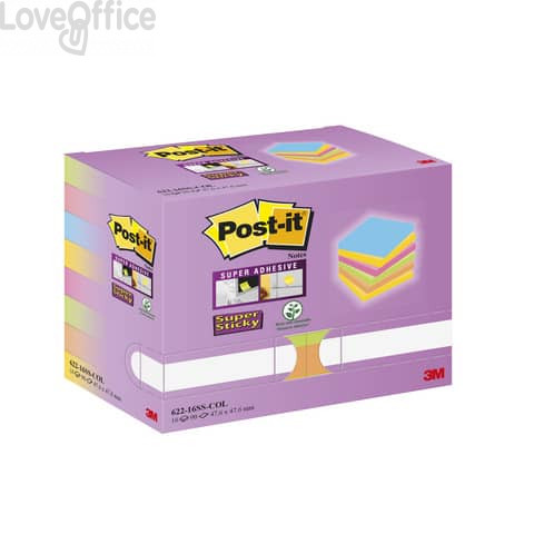 Foglietti riposizionabili Post-it® Super Sticky Color Notes 47,6x47,6 mm Tower Pack 16 blocchetti Assortito da 90 ff