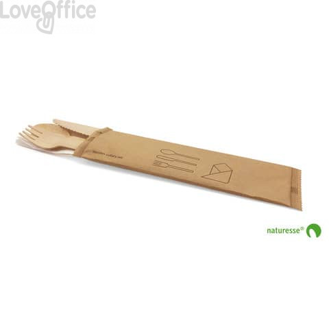 Set posate in legno monouso Scatolificio del Garda forchetta-coltello-cucchiaio tovagliolo Avana - 20380 (conf.250)