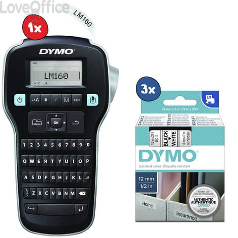 Etichettatrice portatile Dymo Label Manager 160 + 3 nastri D1 12 mm x 7 m Nero/Bianco