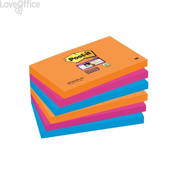 Foglietti riposizionabili Post-it® Super Sticky colori Bangkok - 76x127 mm - fluo: Arancio, Rosa, Azzurro - 655-6SS-EG (conf.6)