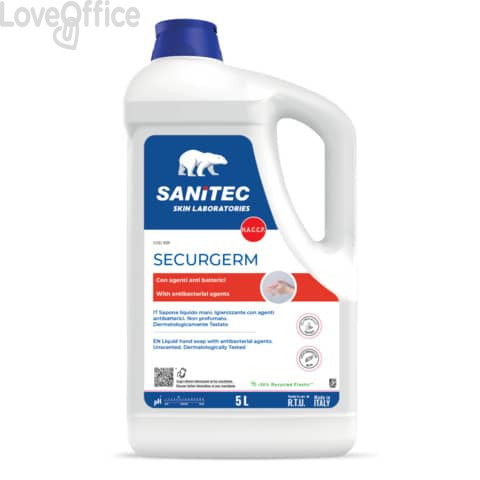 Sapone Liquido mani non profumato con 2 agenti antibatterici H.a.c.c.p. Securgerm Sanitec 5 litri / 5 kg