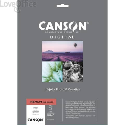 Carta fotografica inkjet Premium Bianca - 255 g/m² HighGloss RC Canson A4 C33300S005 (conf.20 fogli)