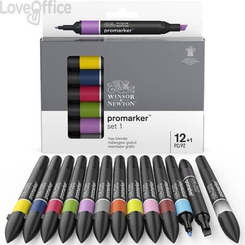 Set 12 pennarelli doppia punta Promarker Winsor&Newton colori assortiti + pennarello blender