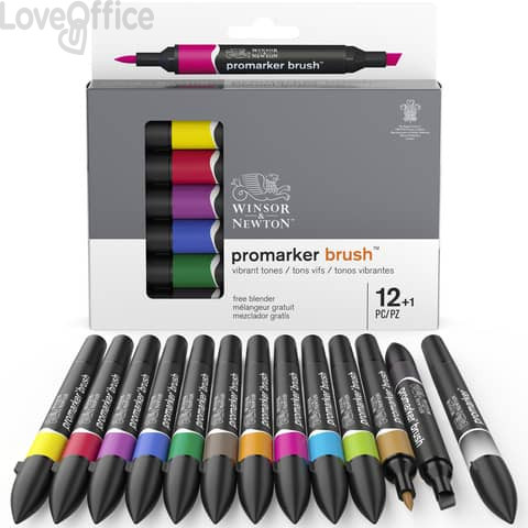 Set 12 pennarelli doppia punta brush colori vivaci assortiti + 1 blender Winsor&Newton