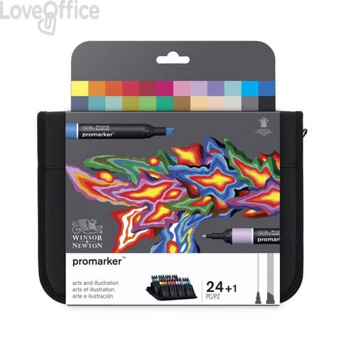 Set 24 pennarelli doppia punta Winsor&Newton Promarker Art&illustration colori assortiti + blender