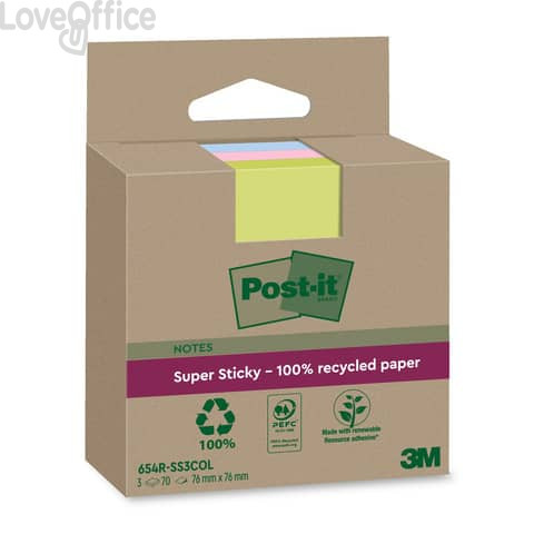 Foglietti riposizionabili Post-it®Super Sticky carta riciclata al 100% assortiti 76x76 mm - 3 blocchetti da 70 ff - Assortiti