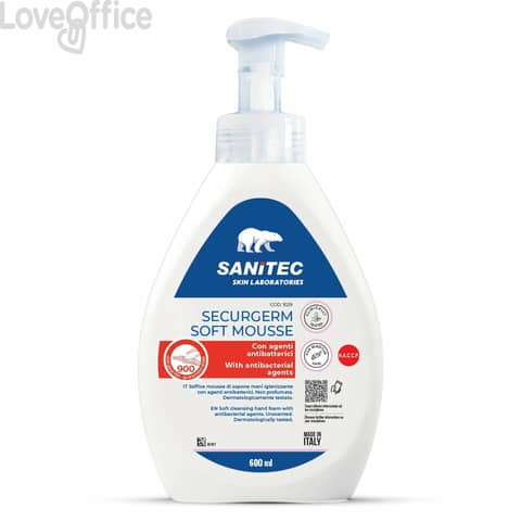 Soft mousse di sapone per mani igienizzante con agenti antibatterici Securgerm Sanitec 600 ml